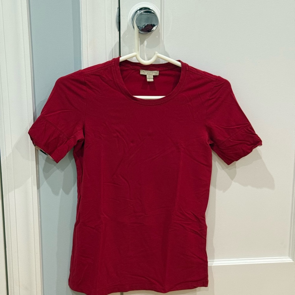 Burberry London T-shirt Women Check Sleeve Cuffs Crew Neck Burgundy Red Size S